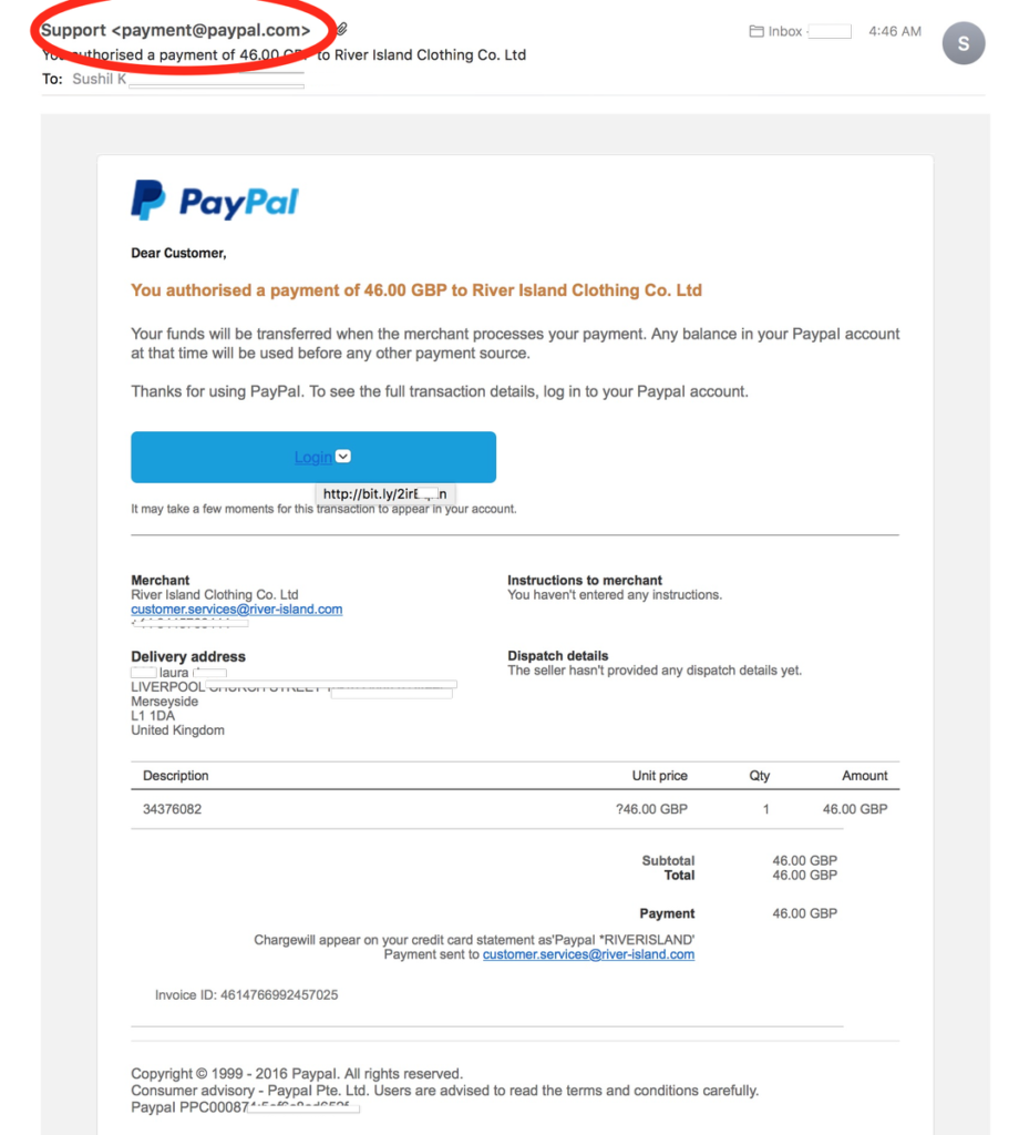 This is very good #phishing. They even managed to get an @PayPal domain in the From: field.