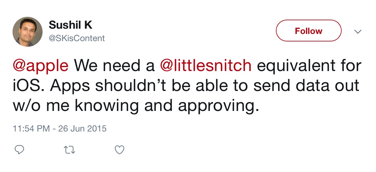 A picture of a tweet from June 2015 where I ask Apple and Little Snitch for an iPhone equivalent.