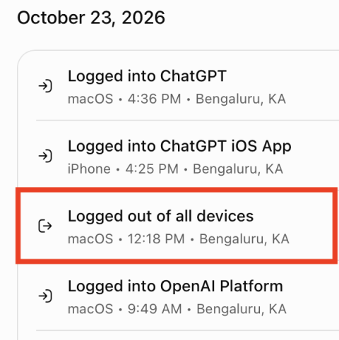 A screenshot of OpenAI's audit page showing that the user logged out of all devices at 12:18 pm.