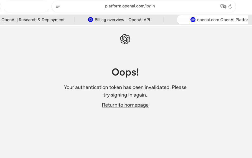 A web page showing platform.openai.com/login in the URL field and text in the middle indicating authentication token invalid