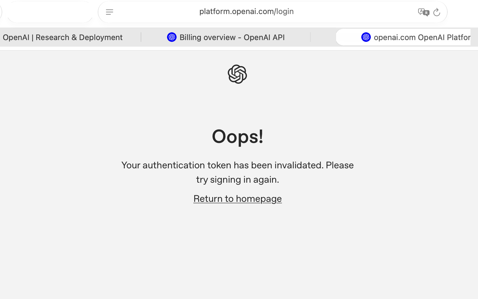 A web page showing platform.openai.com/login in the URL field and text in the middle indicating authentication token invalid