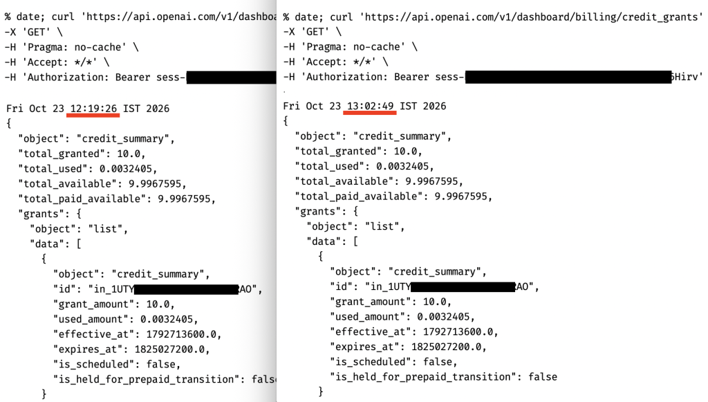 Two terminal screenshots, one superimposed over the other. Each shows an invocation timestamp with over 40 minutes difference.